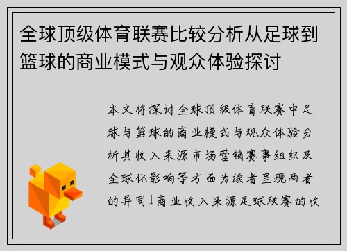 全球顶级体育联赛比较分析从足球到篮球的商业模式与观众体验探讨